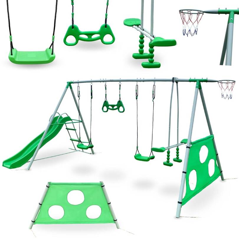 Aire de jeux de jardin XXXL pour enfants avec balançoires, toboggan, trapèze de gymnastique, panier de basket et but de football