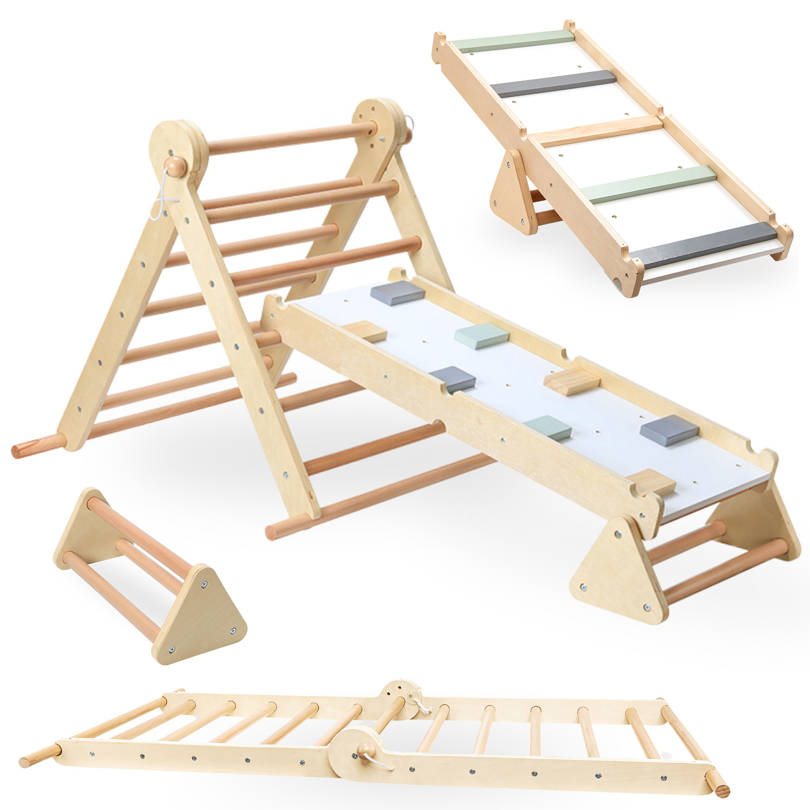 Aire de jeux en bois pour enfants - échelle + mur d'escalade + poutre d'équilibre - triangle de Pikler