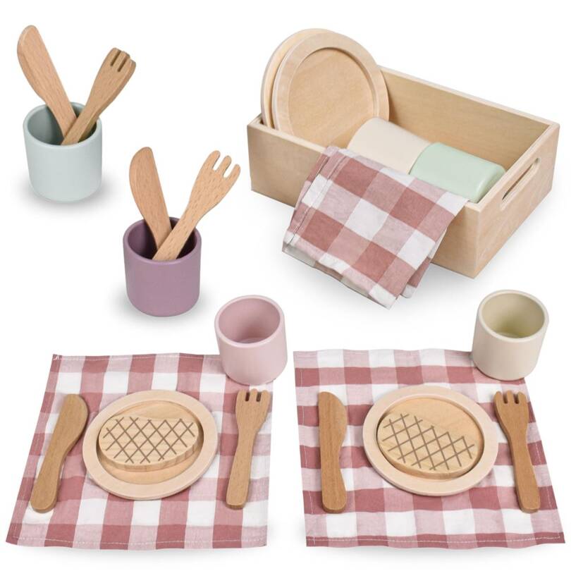 Service de table en bois pour enfants avec sets de table rouges