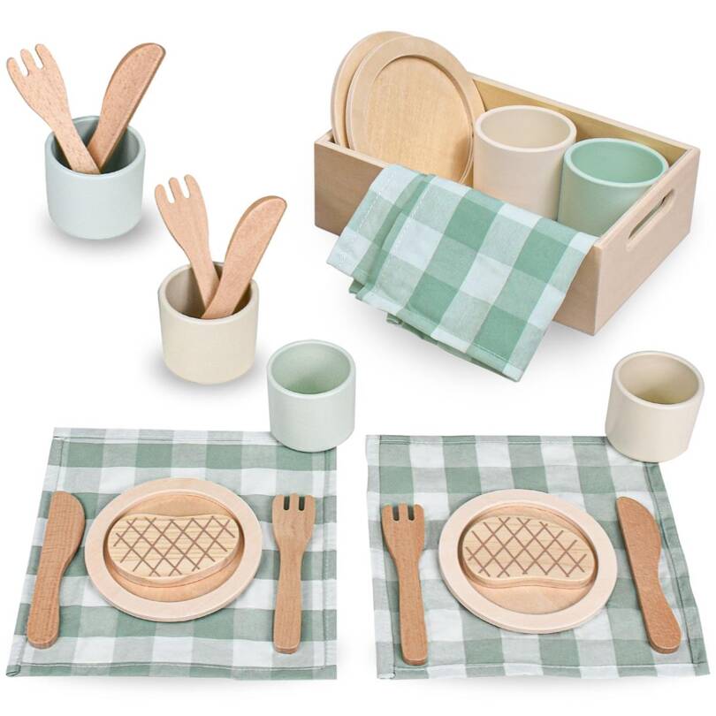 Set de déjeuner en bois pour enfants avec sets de table verts