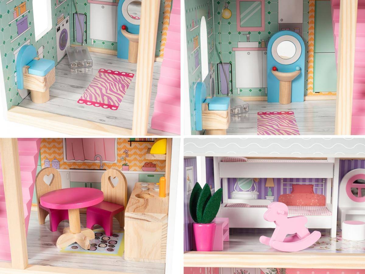 Maison de poupée en bois enfant 3 étages avec 13 accessoires