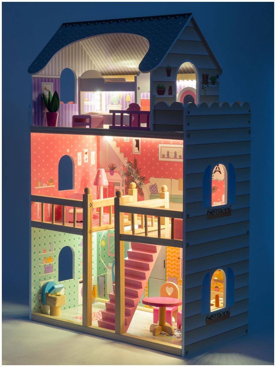 Mamabrum Maison de Poupées en Bois 70 x 30 x 60 CM pour Enfants + 3 Ans  avec Grande Terrasse 4 Figurines, 3 Etages, 2 Chambres, Cuisine, Salon & 18  Pièces Mobiles (N71 & CE) : : Jeux et Jouets