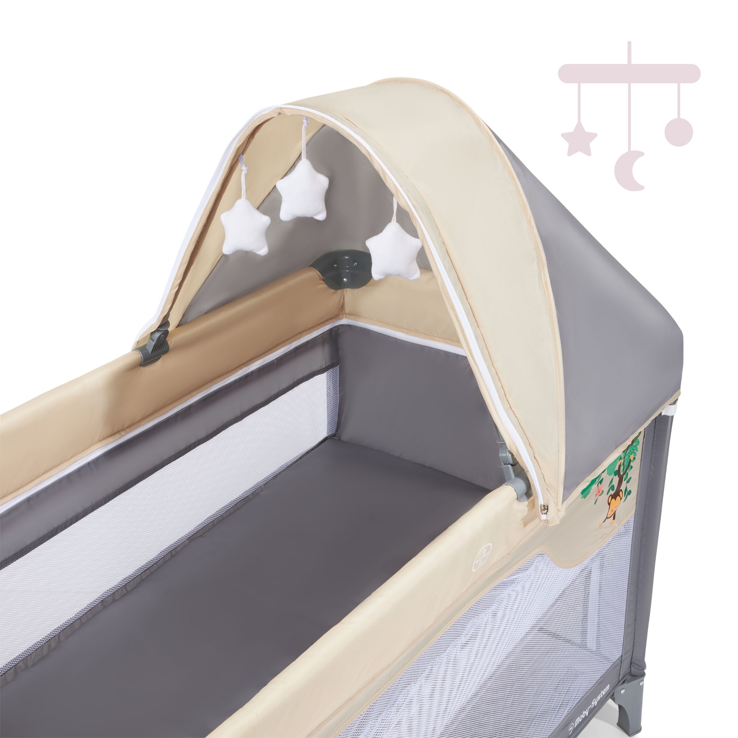Moby system lit parapluie de voyage pour bébé 2 niveaux de matelas (haut  0-6 mois, bas 6-36 mois 25 kg), pliable, sac de transport, gris - Conforama