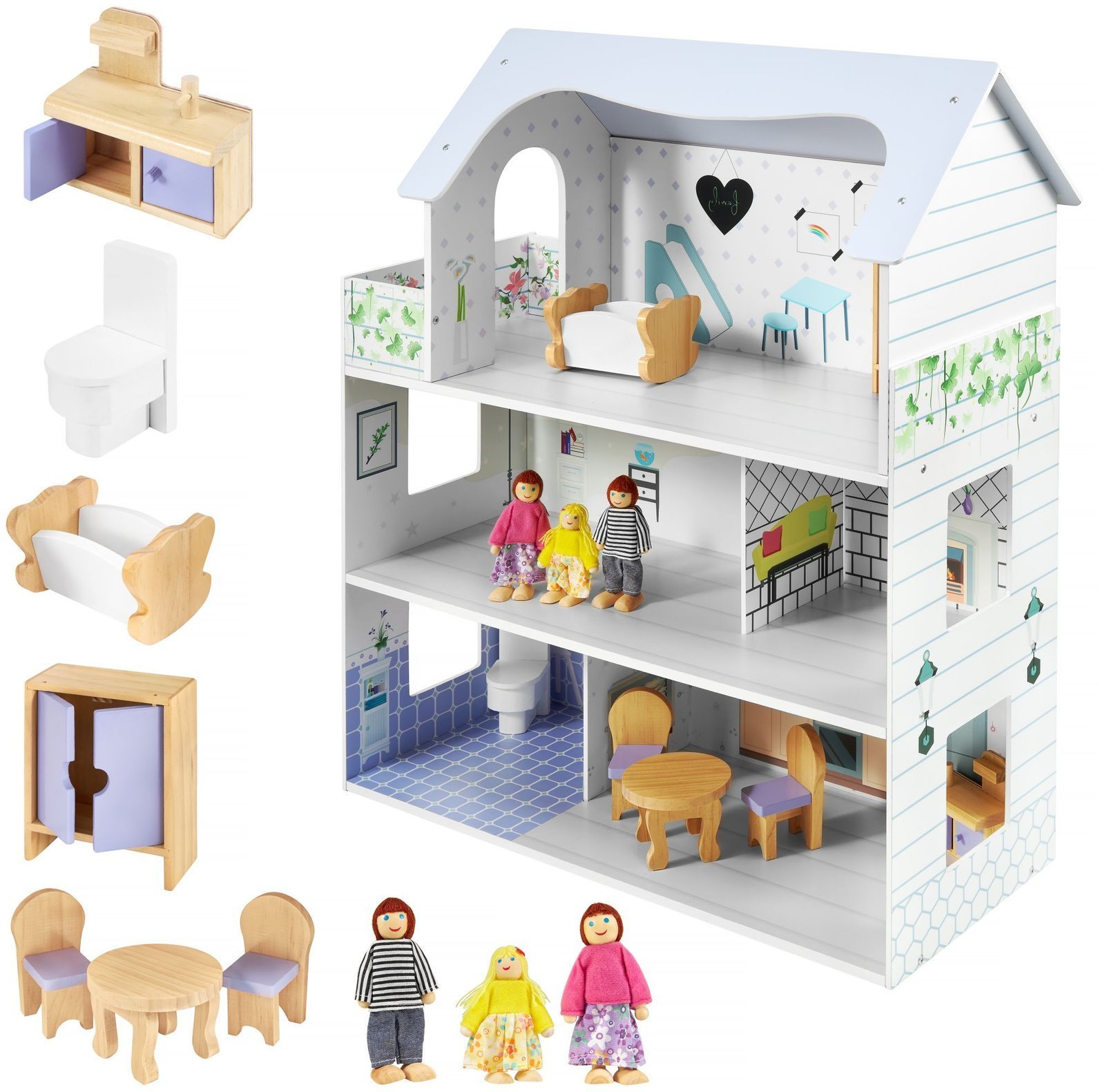 Maison de poupées en bois blanc avec accessoires 18 pcs., JOUETS ET JEUX \  Jouets \ Maisons de poupées JOUETS ET JEUX \ Jouets \ Jouets en bois
