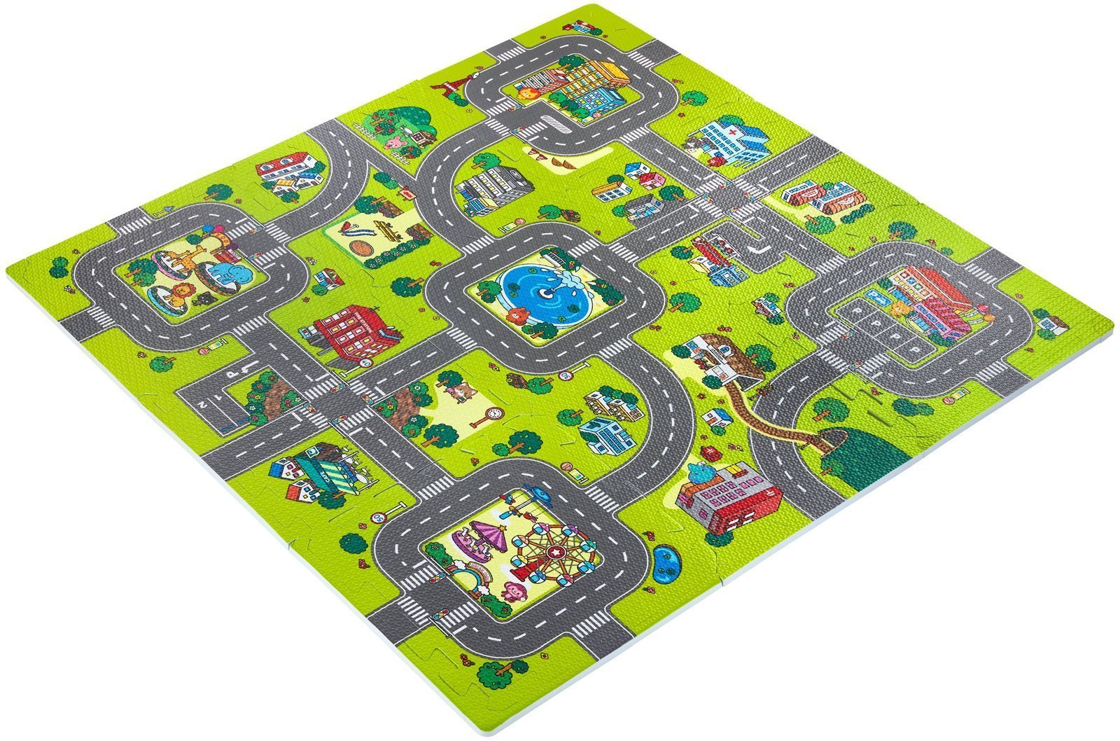 92 x 92 cm Tapis de jeu en mousse pour enfant avec dessins de routes 9 pièces de puzzle 