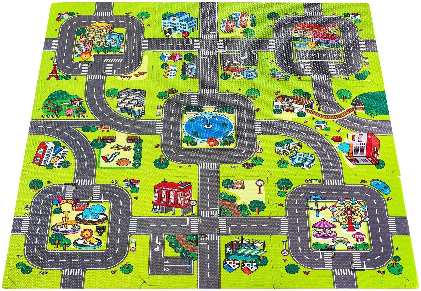 Tapis puzzle éducatif en mousse 90 x 90 x 1cm avec bordure - mousse EVA -  motif : villes routes rues