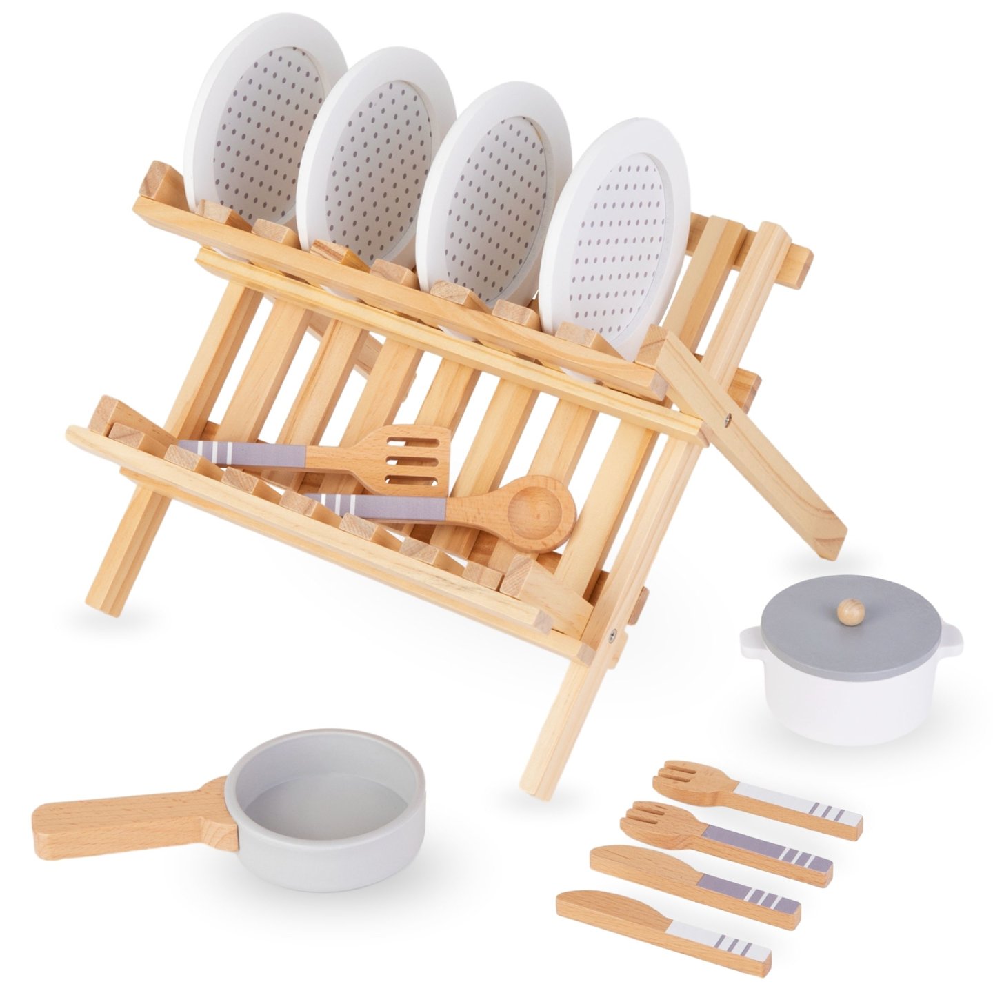 Accessoires de cuisine en bois avec séchoir à casseroles - set pour enfants