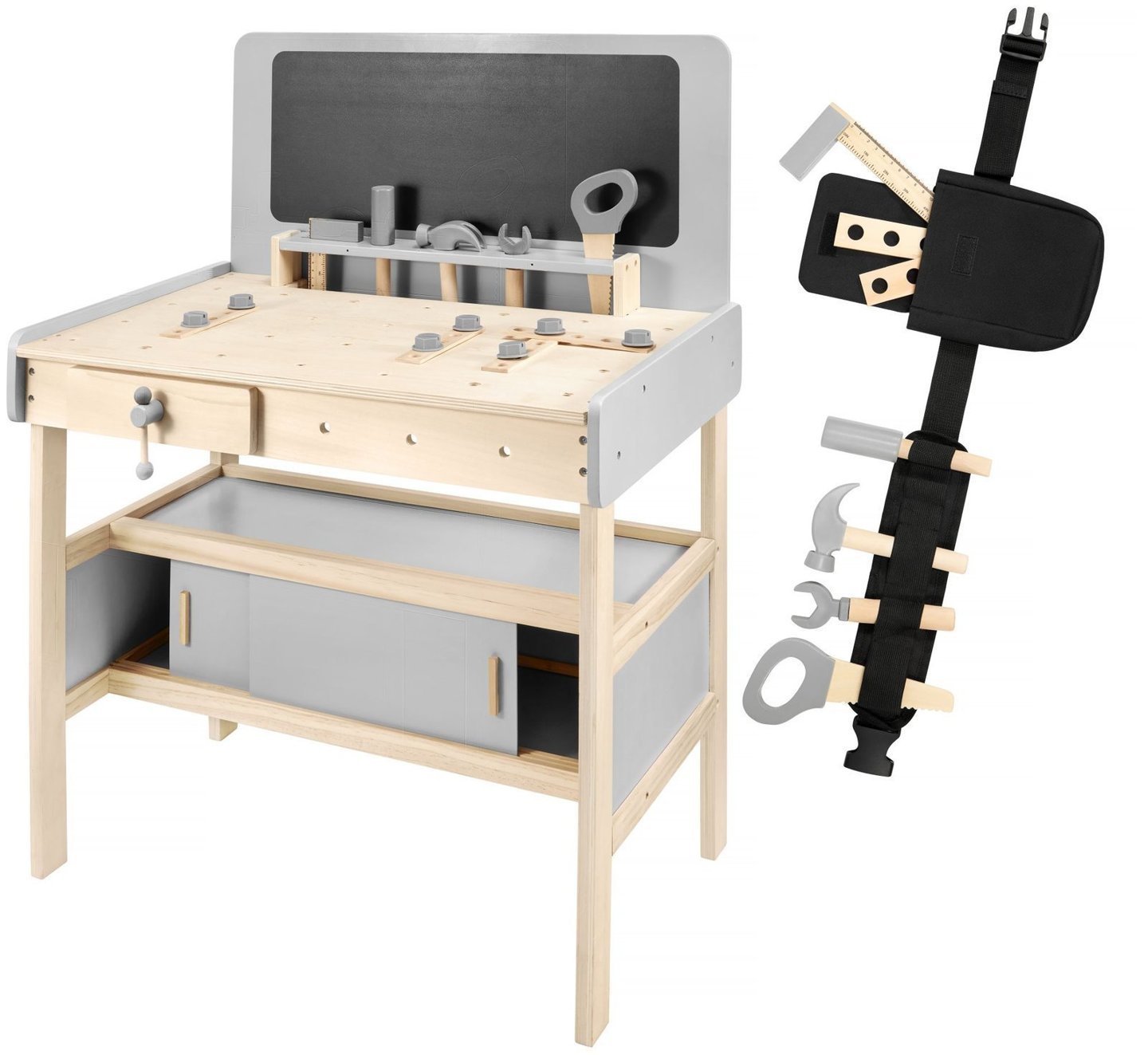 Atelier en bois XXL pour enfants avec outils, ceinture et tableau noir - 48 pièces.