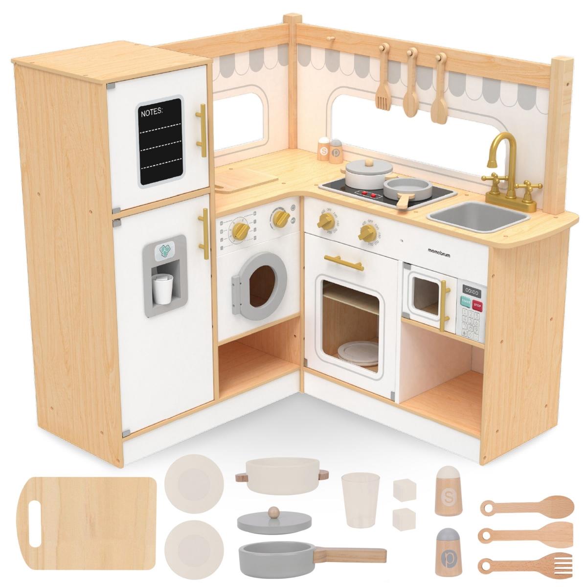 Cuisine d'angle interactive en bois XXXL avec réfrigérateur, micro-ondes, four, lave-linge et accessoires - naturel