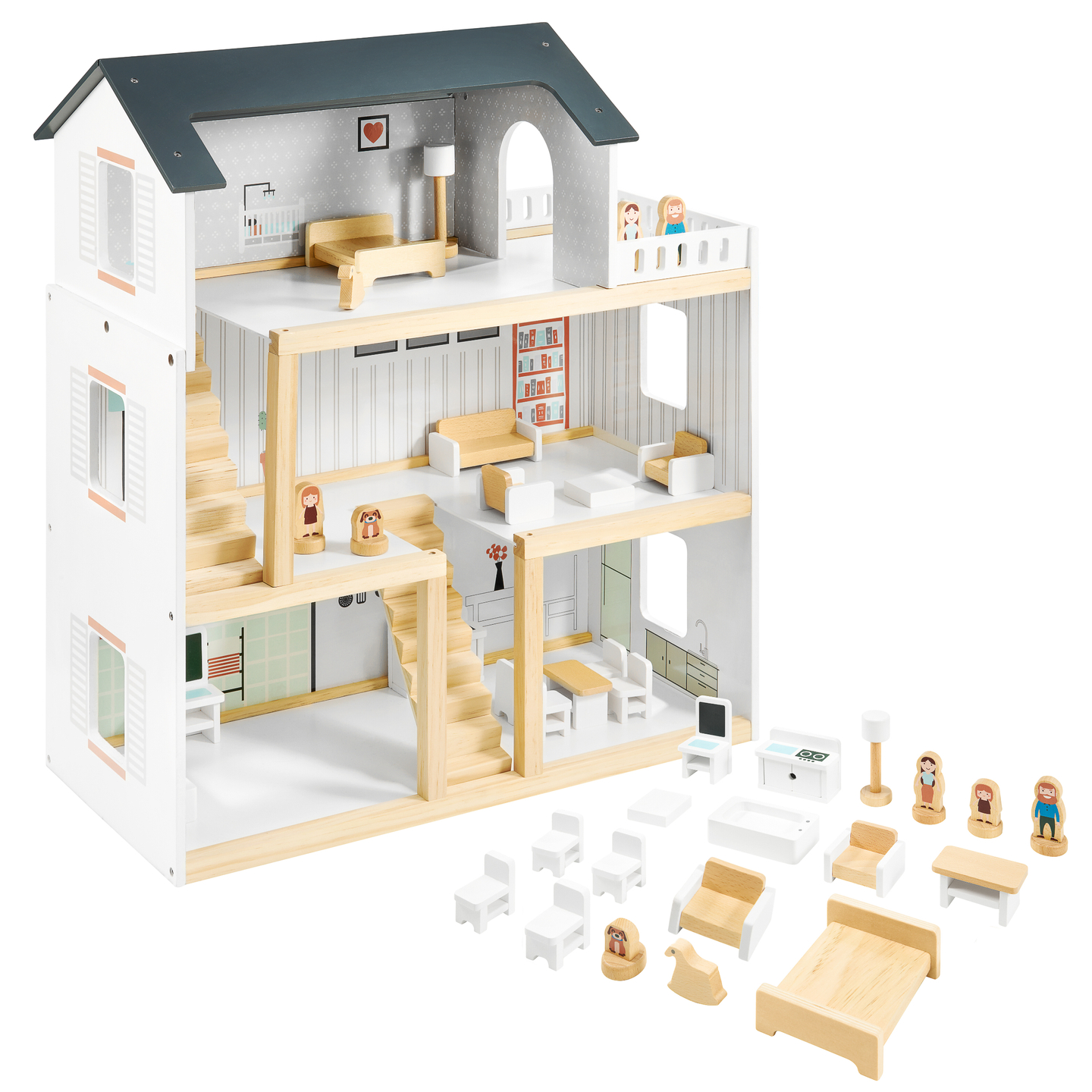 Maison de poupées en bois blanc avec accessoires 18 pcs.