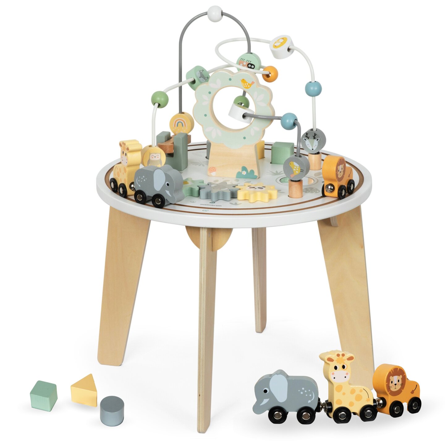 Table éducative ronde en bois avec un train magnétique et un lanceur de perles