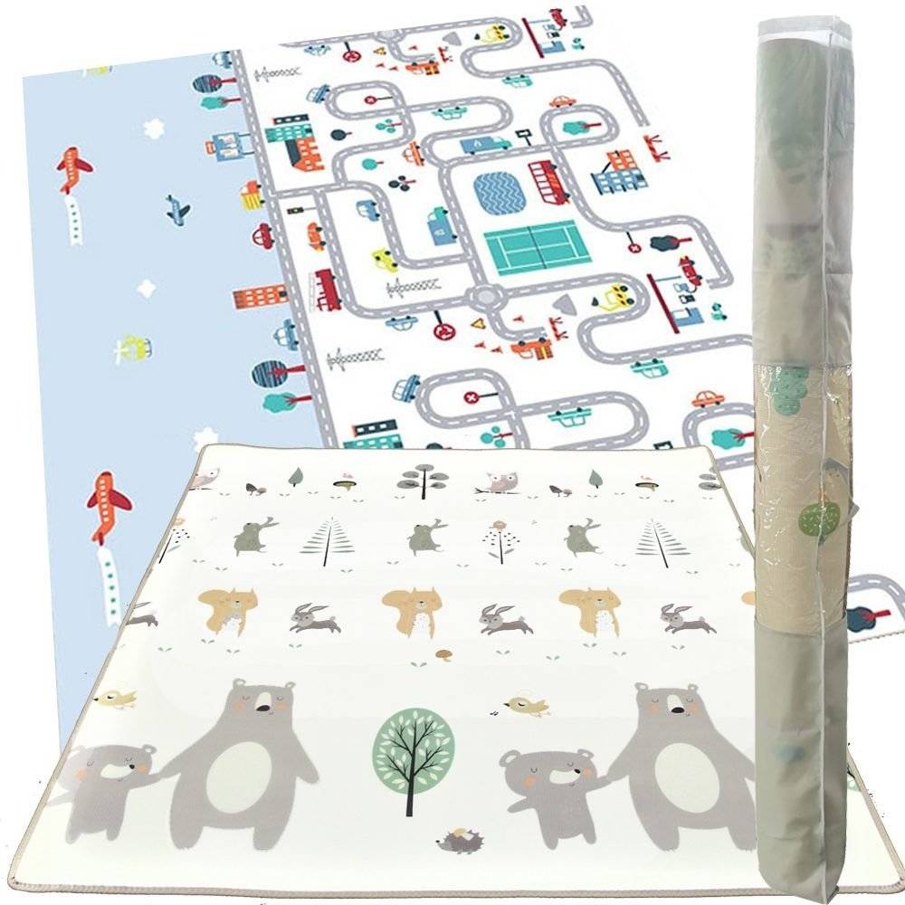 Tapis en mousse double face XXL - rouleau 2 CM (route et forêt avec ours en peluche)