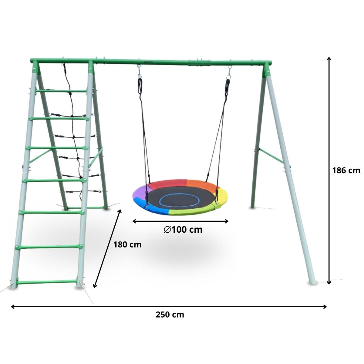 Aire de jeux de jardin XL pour enfants avec balançoire nid de cigogne, échelle et filet d'escalade