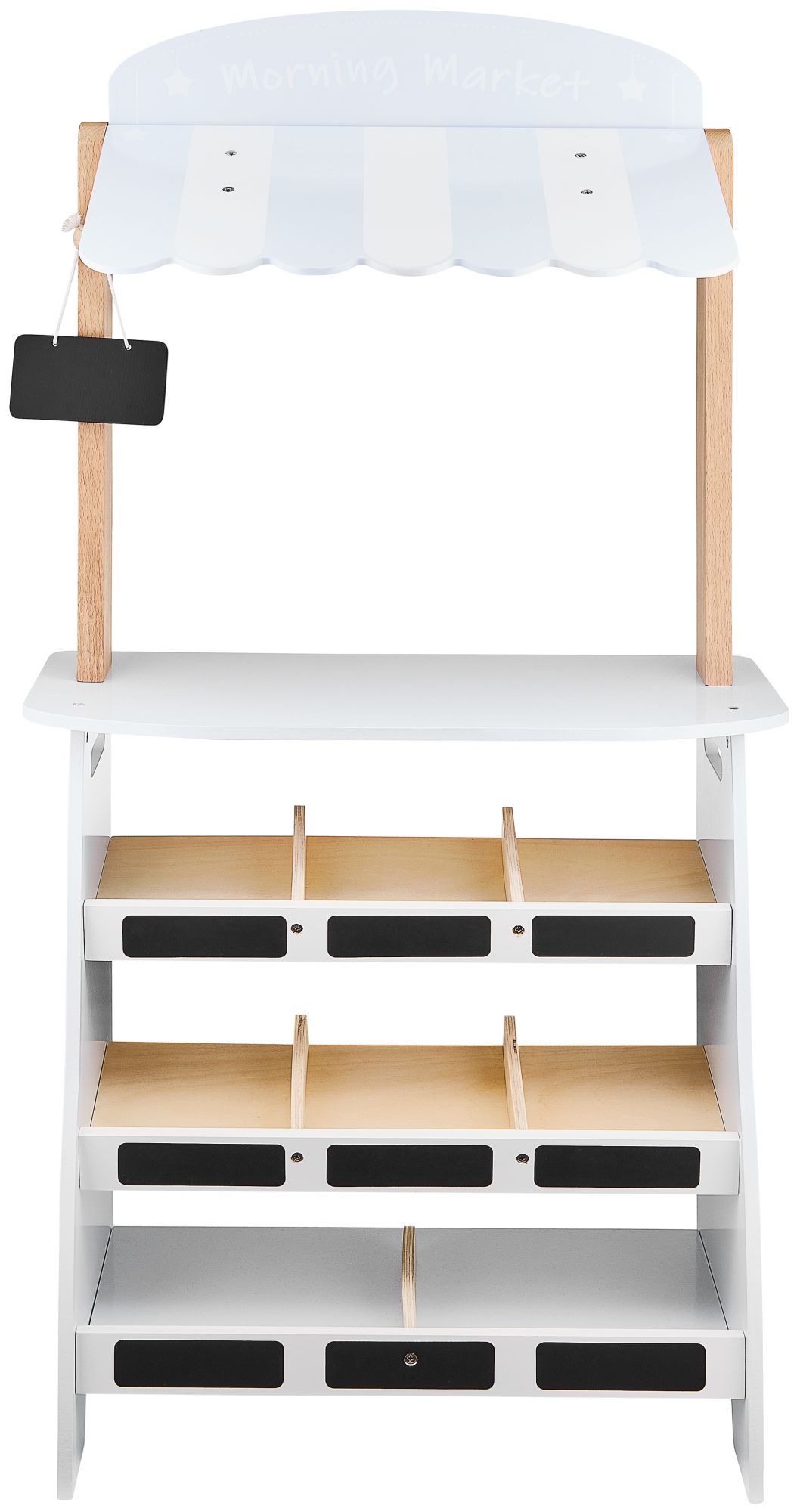 Magasin de légumes - étalage en bois avec caisses, caisse enregistreuse et terminal