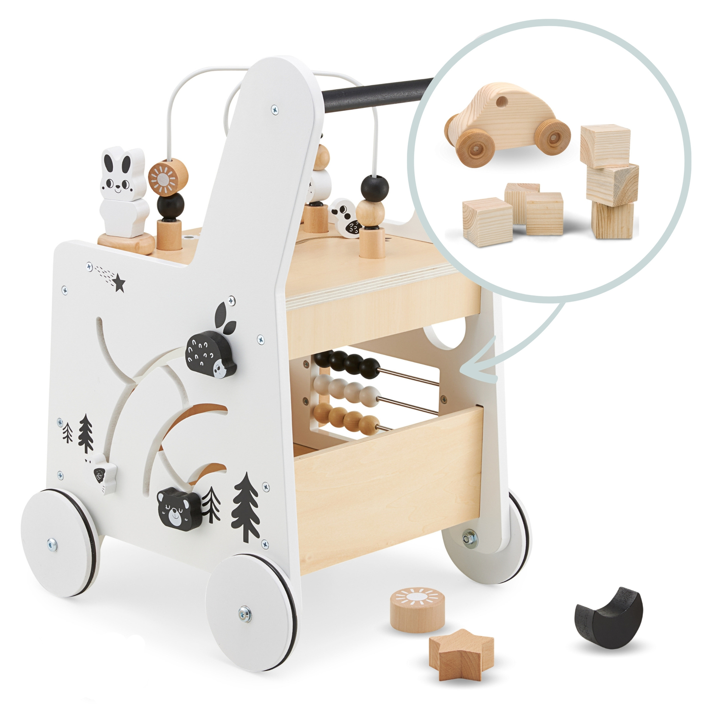 Poussette en bois 6in1, déambulateur avec fonction de table d'apprentissage