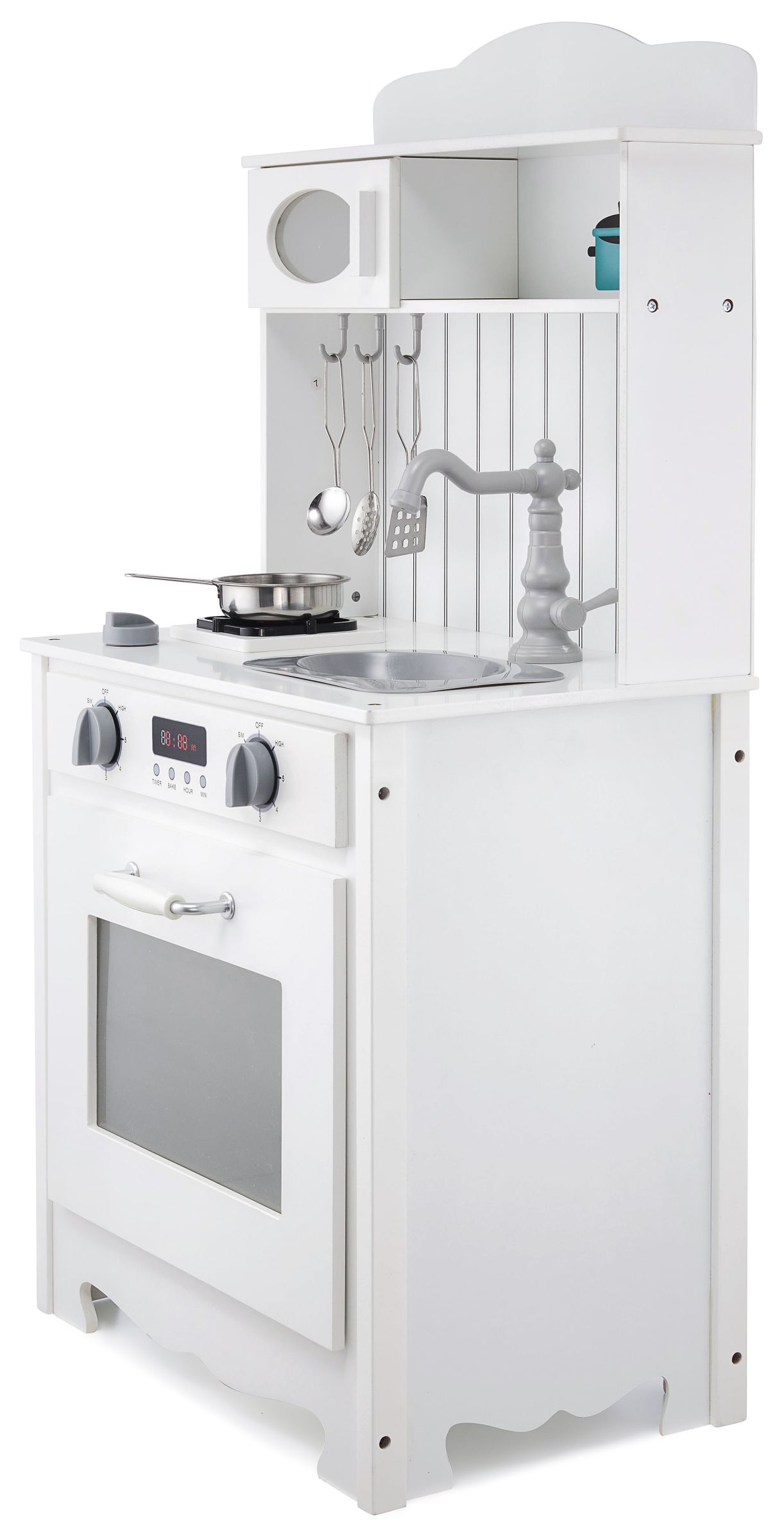 Cuisine en bois blanc avec tablier, accessoires et lampe LED