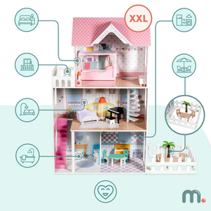XXL La plus grande maison de poupées en bois - 123 cm - illuminée par LED - terrasse, accessoires, jardin