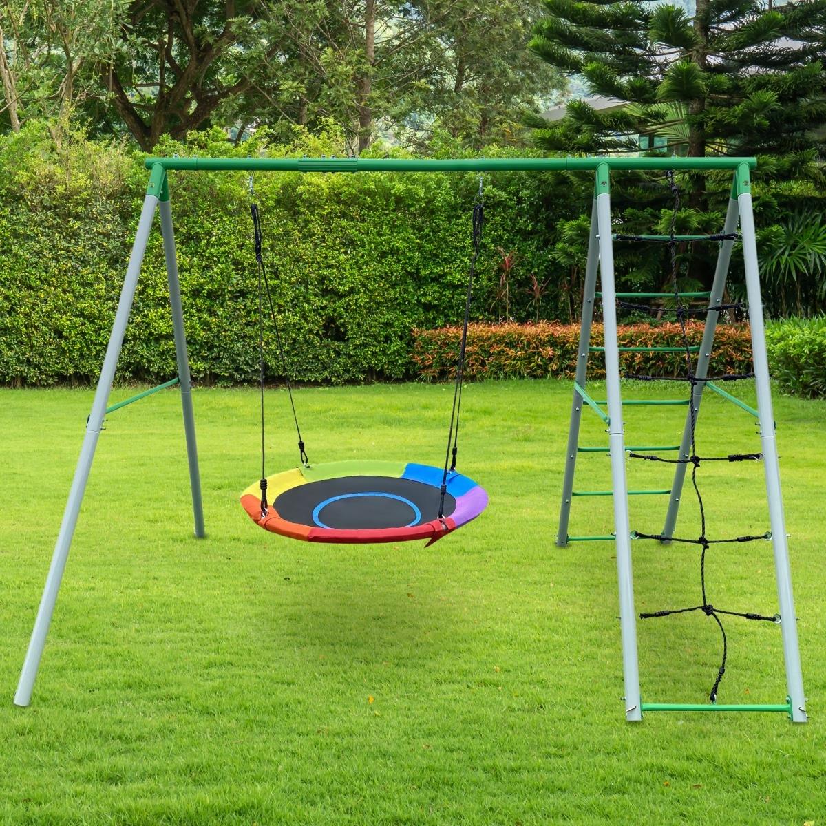 Aire de jeux de jardin XL pour enfants avec balançoire nid de cigogne, échelle et filet d'escalade