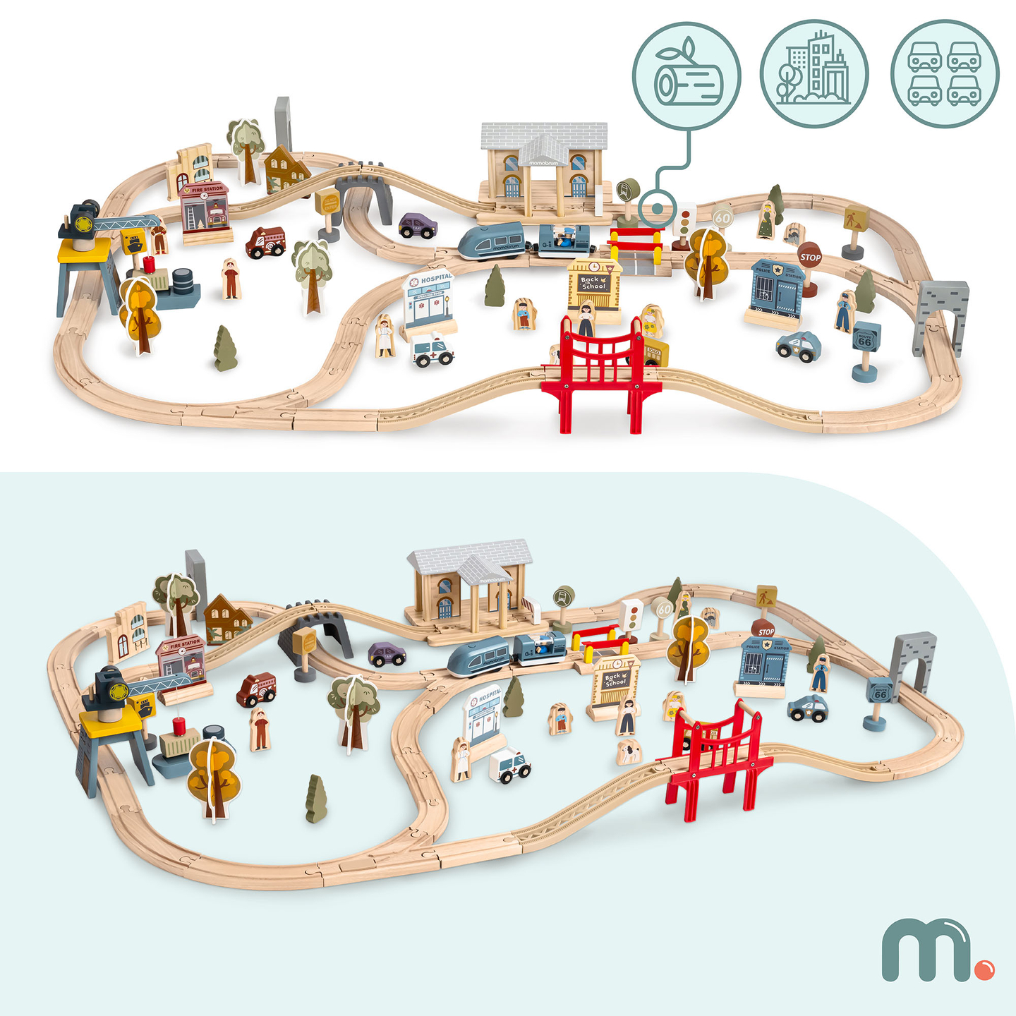 Chemin de fer urbain en bois avec train électrique - grue mobile, bateau, ponts