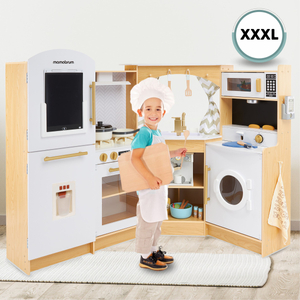 XXXXL grande cuisine interactive en bois avec éclairage LED, lave-linge, micro-ondes, machine à café et set de fruits et légumes - 50 éléments