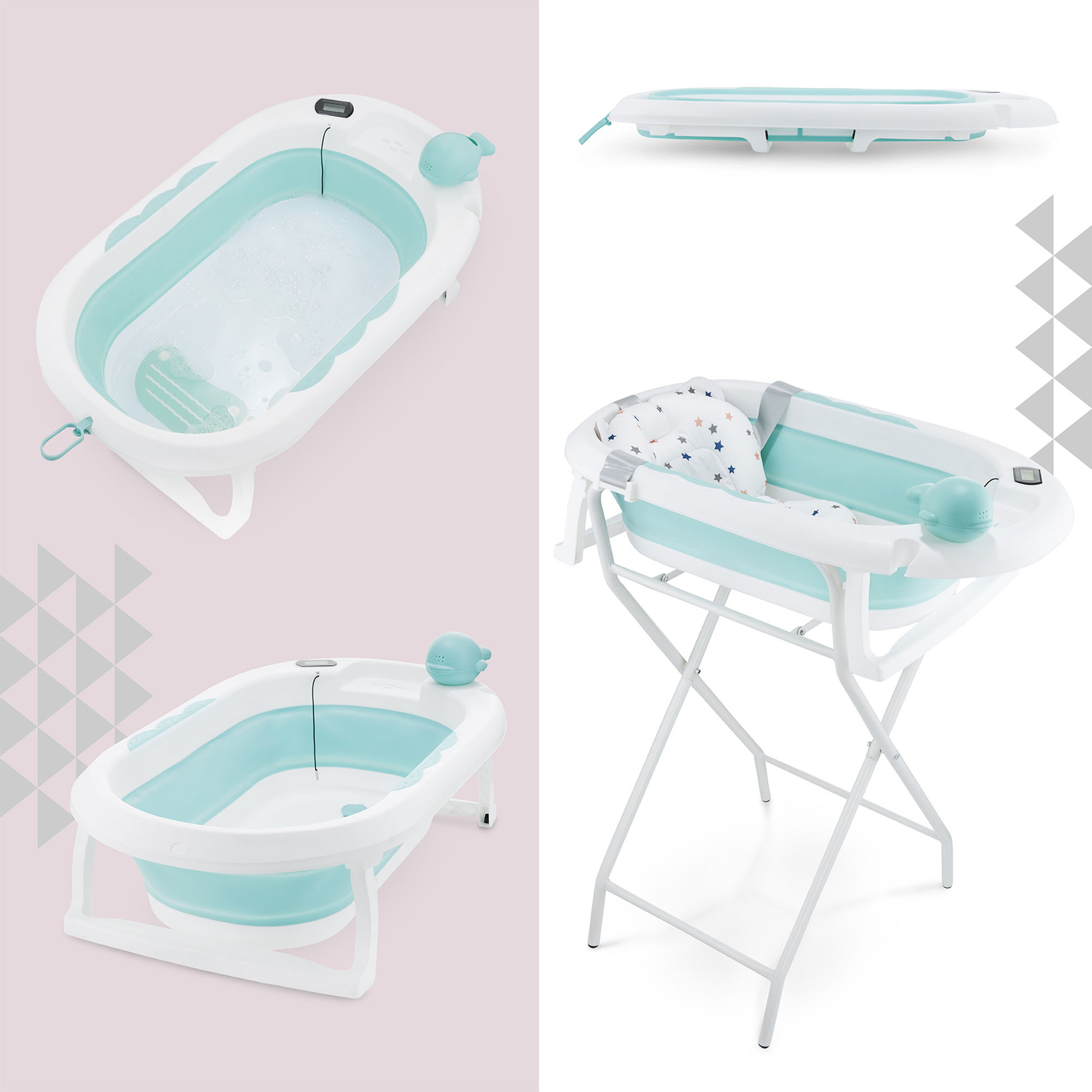 Baignoire pliante pour bébé avec thermomètre, insert et support - couleur menthe