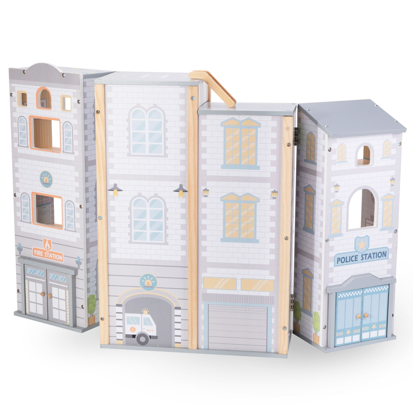 Grande caserne de pompiers pliante avec poste de police - ensemble en bois. Caserne de pompiers et poste de police avec accessoires.
