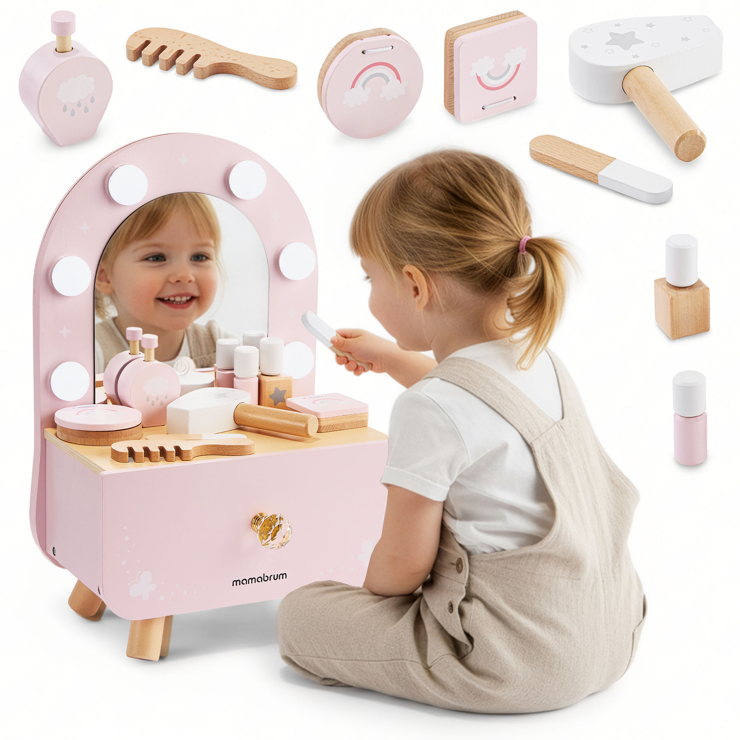 Mini coiffeuse en bois pour enfants avec accessoires et éclairage LED à luminosité réglable.