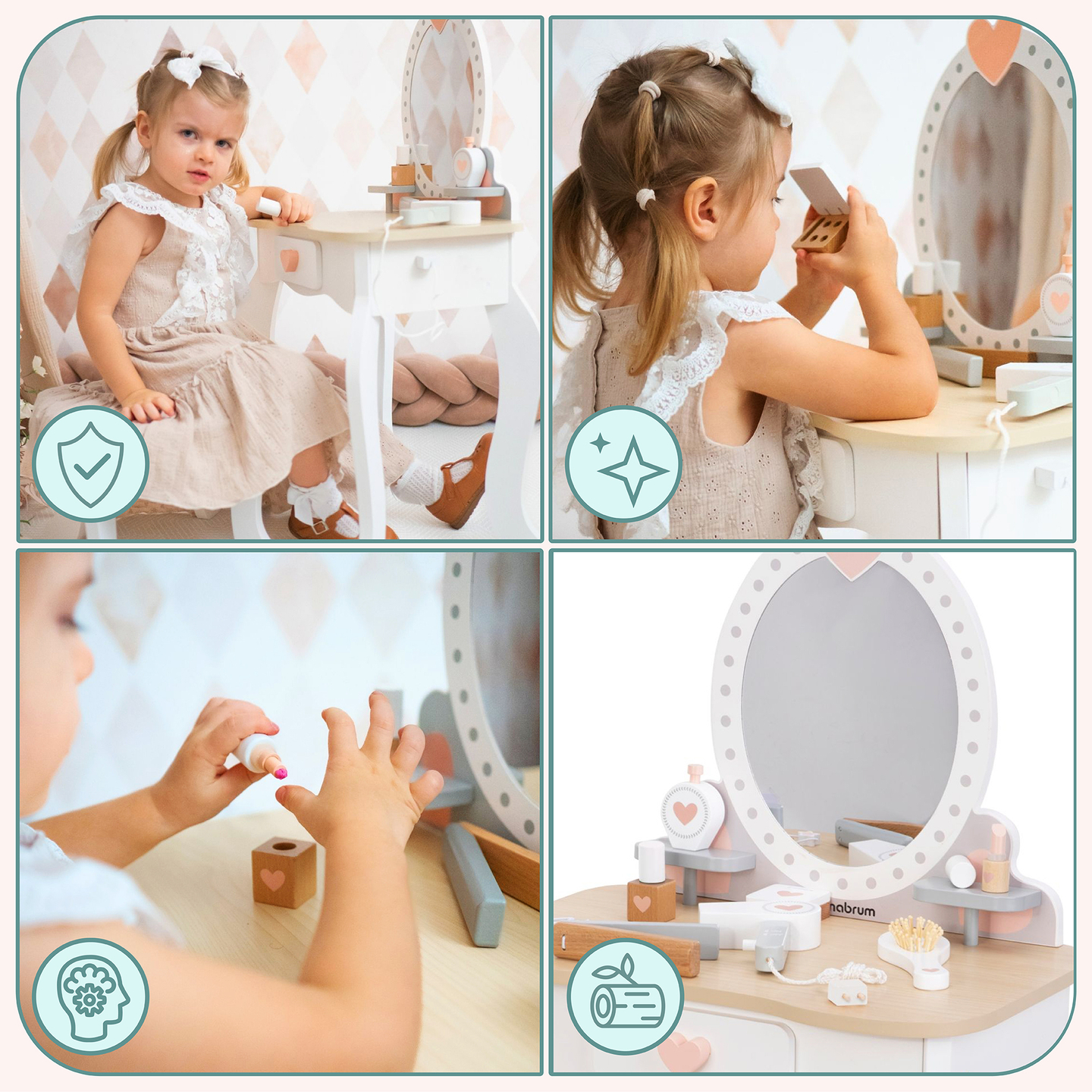 Coiffeuse en bois avec tabouret et accessoires