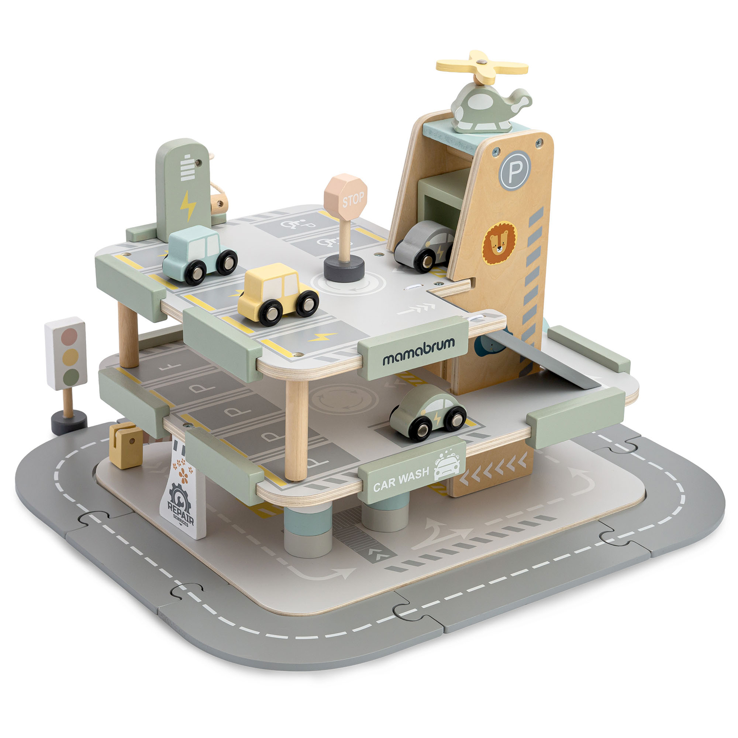 Garage en bois à trois étages pour enfants avec accessoires – parking, station-service, lave-auto, hélicoptère