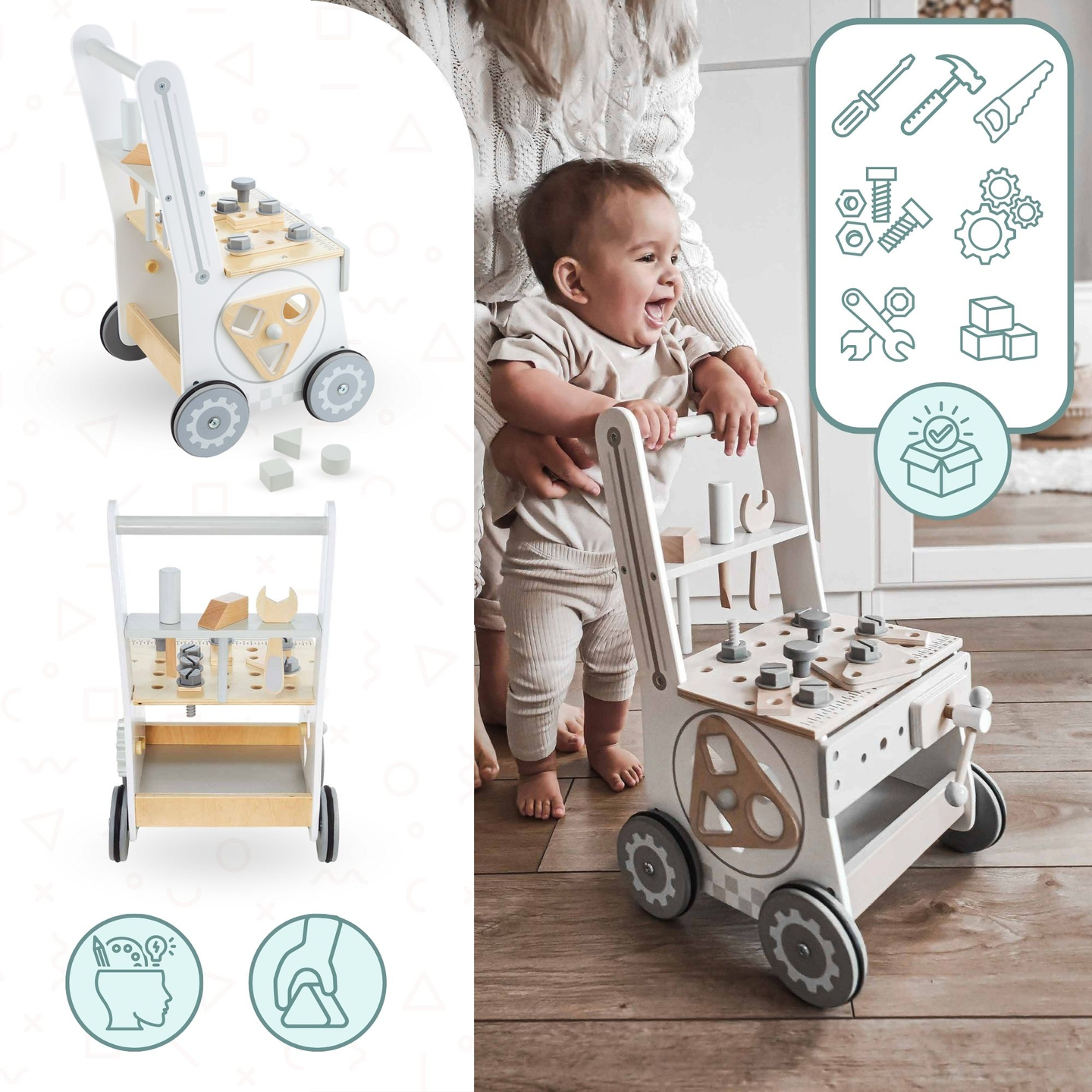 Déambulateur, pousseur et atelier en bois 3-en-1 - 47 éléments