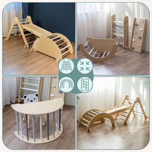 Aire de jeux intérieure en bois pour enfants - mur d'escalade, toboggan, arche d'escalade/bascule et triangle de Pikler