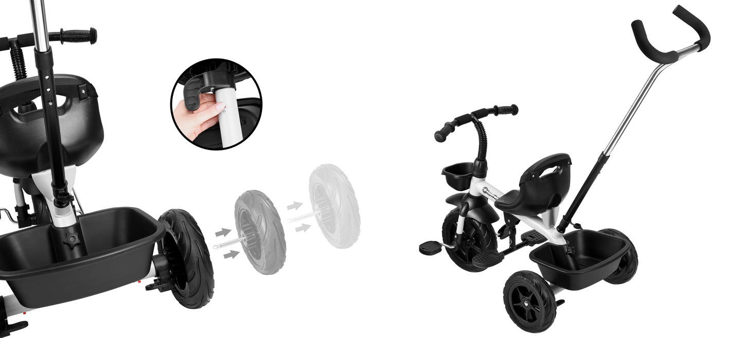 HyperMotion TOBI VECTOR tricycle - roues éternellement gonflables + barre de poussée. Couleur : gris clair.