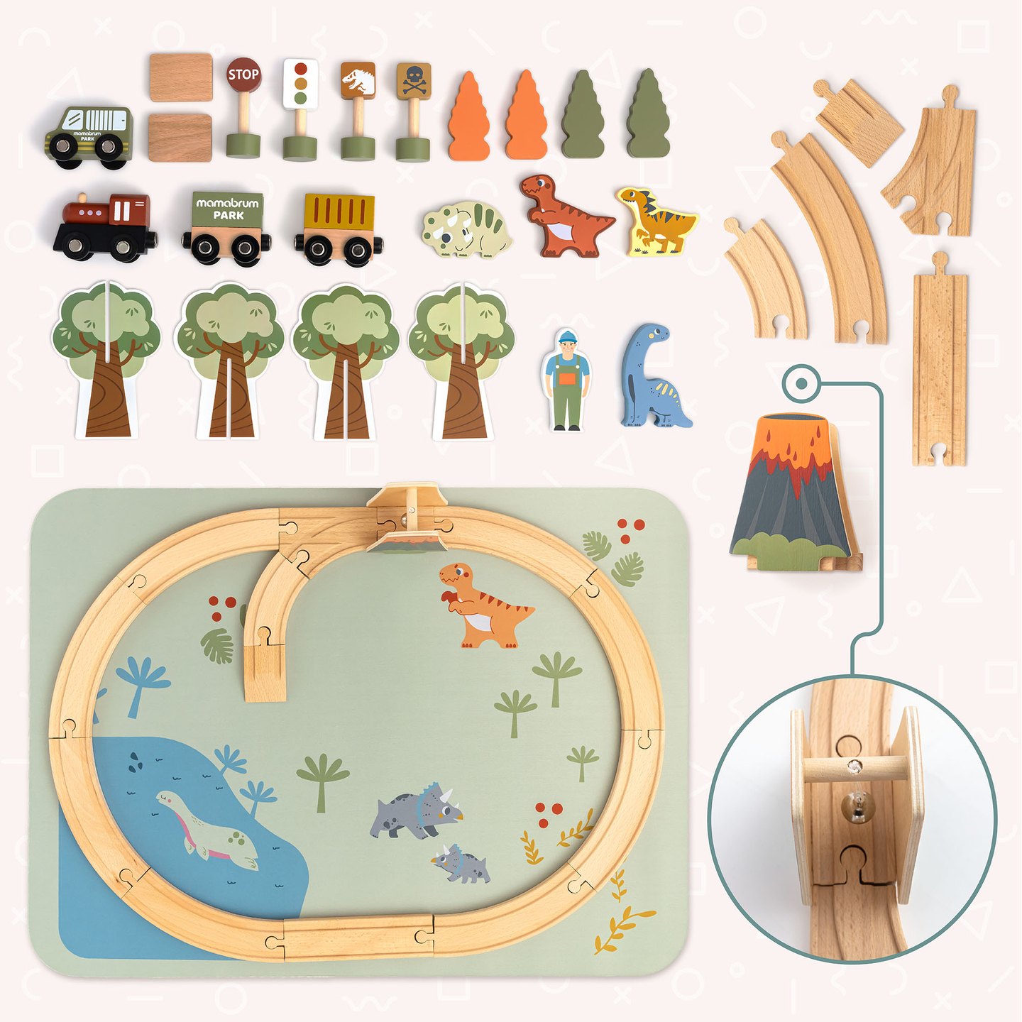 Train en bois Dino Park avec tapis antidérapant - dinosaures, train, rails, volcan, cloche