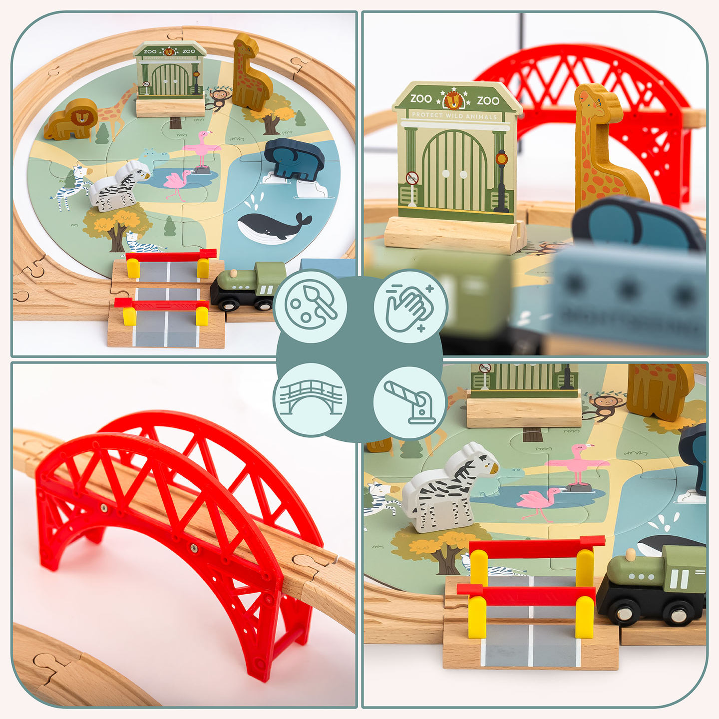 Train ZOO en bois – puzzle, train, rails, animaux, pont, barrière
