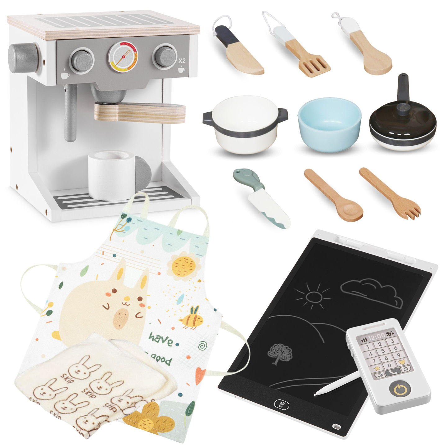 XXXXL grande cuisine interactive en bois avec éclairage LED, lave-linge, micro-ondes, machine à café et set de fruits et légumes - 50 éléments