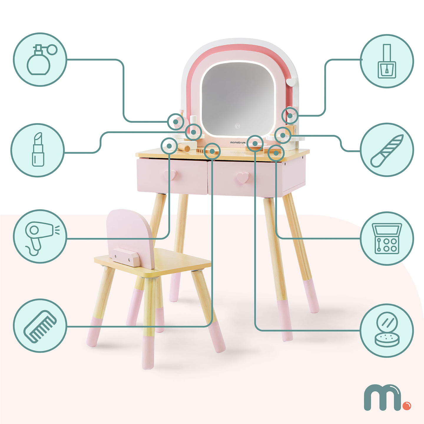 Coiffeuse en bois pour enfants avec éclairage LED à luminosité réglable, chaise et accessoires inclus.