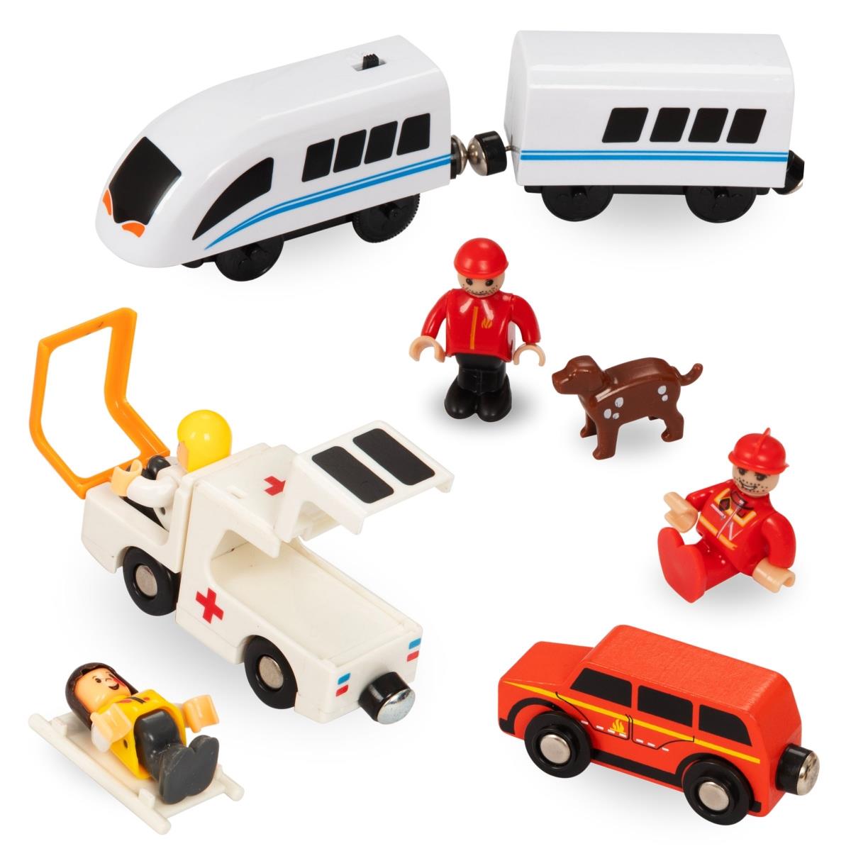 Chemin de fer en bois, train à batterie - Pompiers, voies, voitures, ponts, barrière