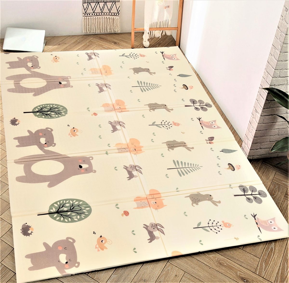 Tapis en mousse double face XXL - pliable 1 CM (forêt avec un ours en peluche et des chevaux)