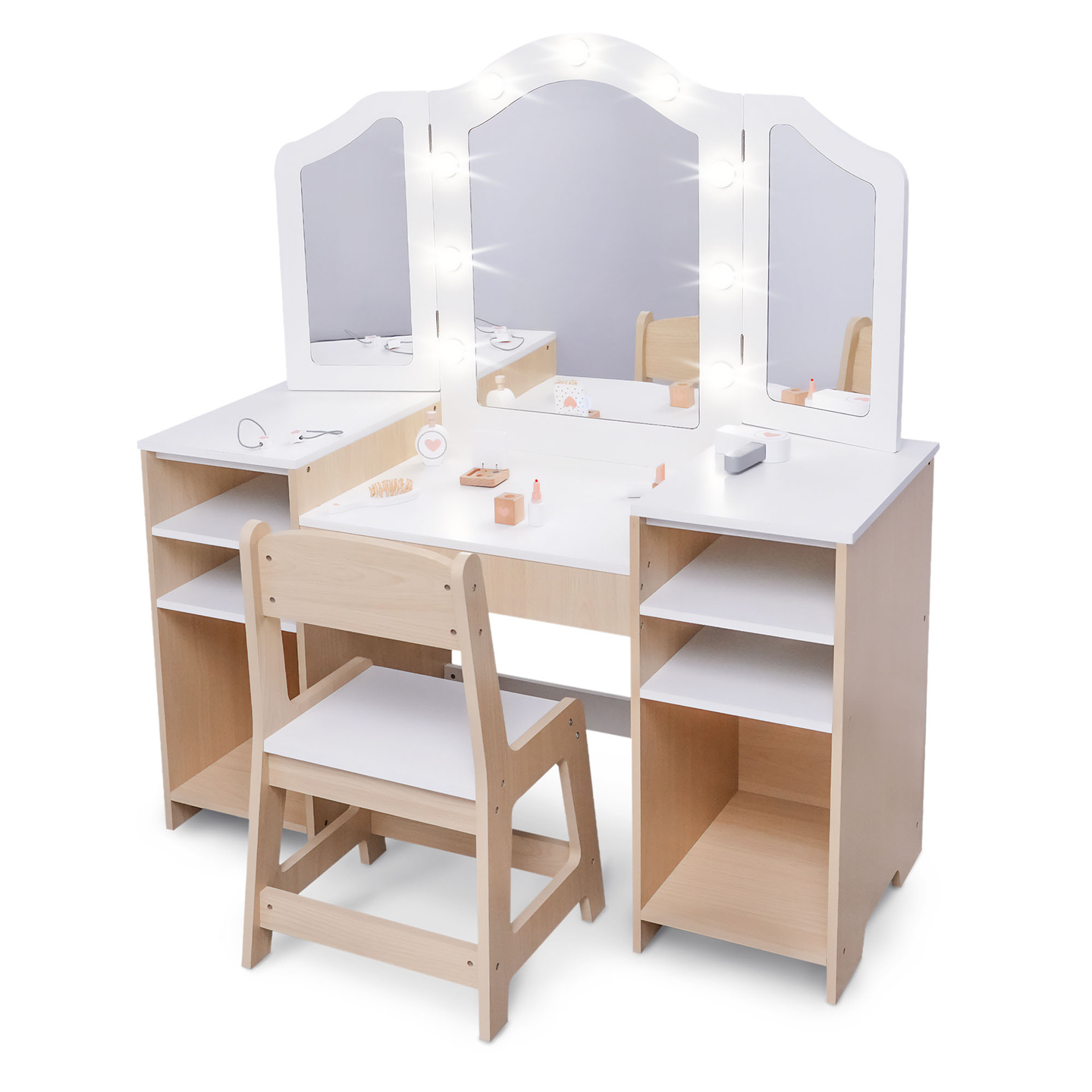 Table à langer en bois pour enfants avec chaise, accessoires et éclairage LED