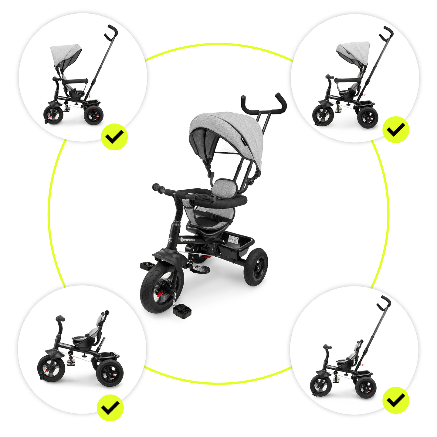 Tricycle pour enfants 1-4 ans - TOBI FREY - couleur gris - pivotant - roues gonflables + poussoir