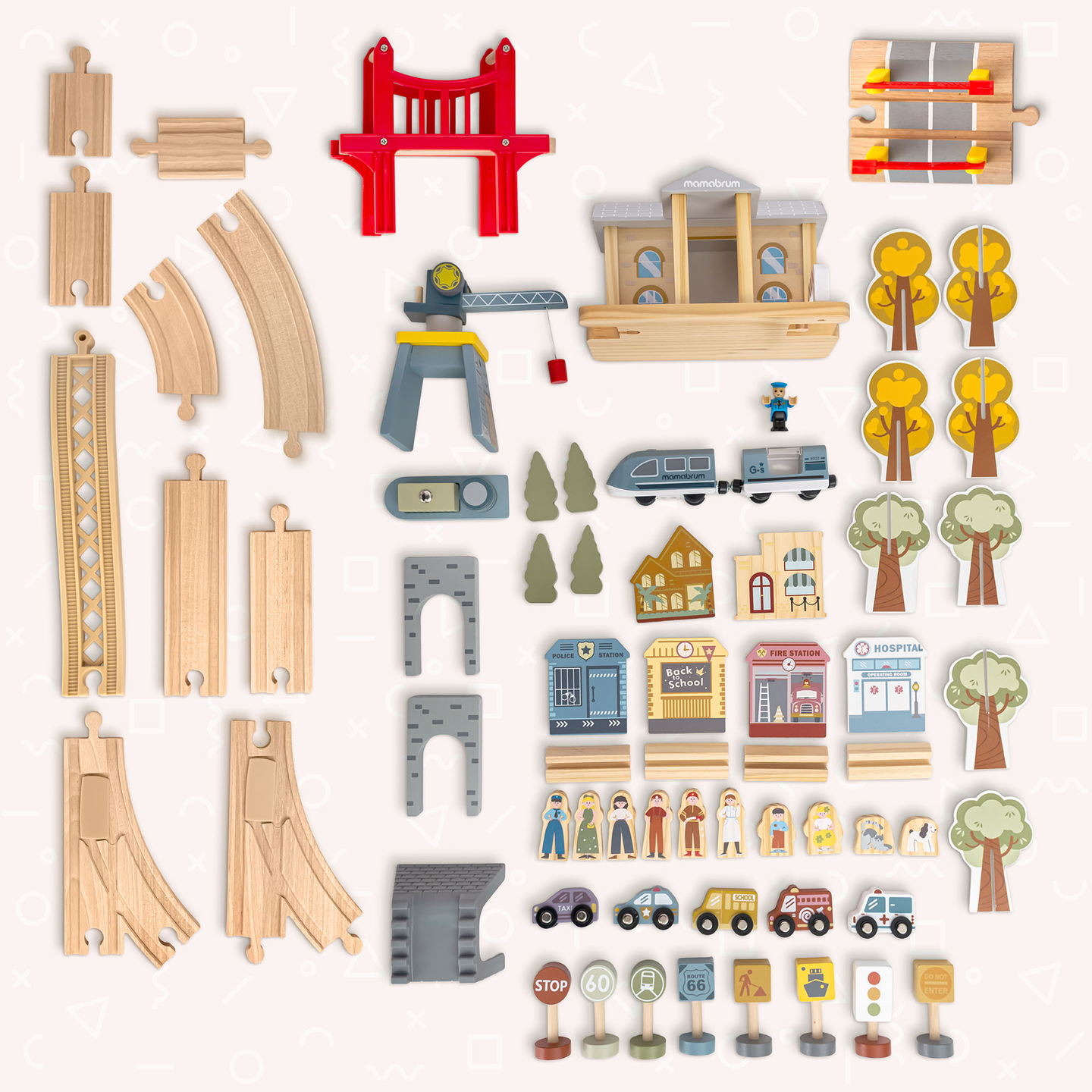 Chemin de fer urbain en bois avec train électrique - grue mobile, bateau, ponts