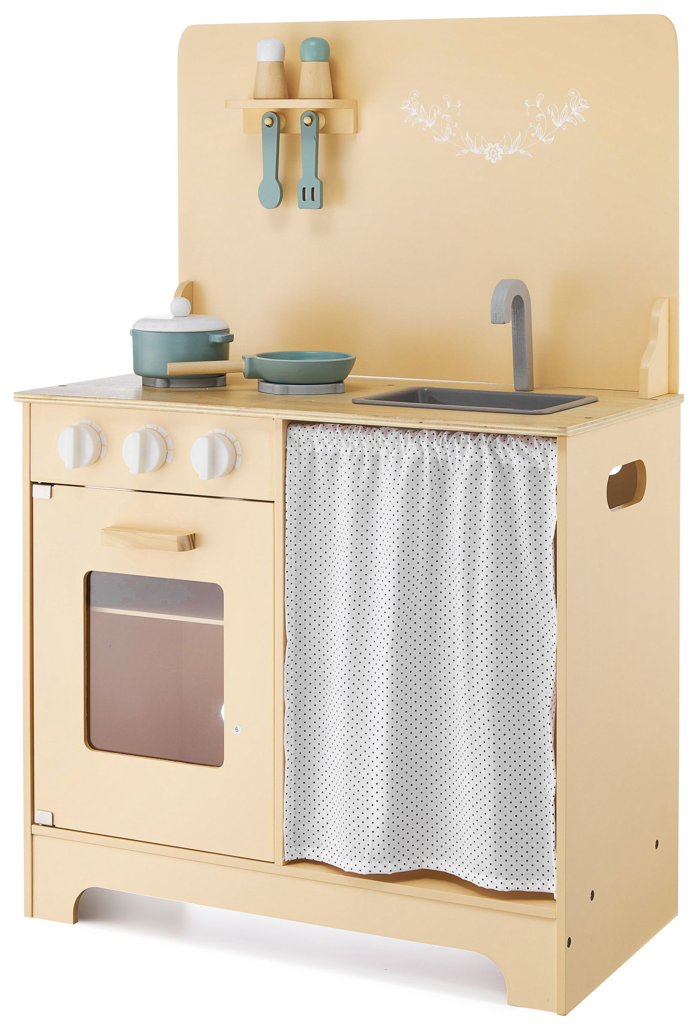 Cuisine en bois avec tablier, accessoires et éclairage LED