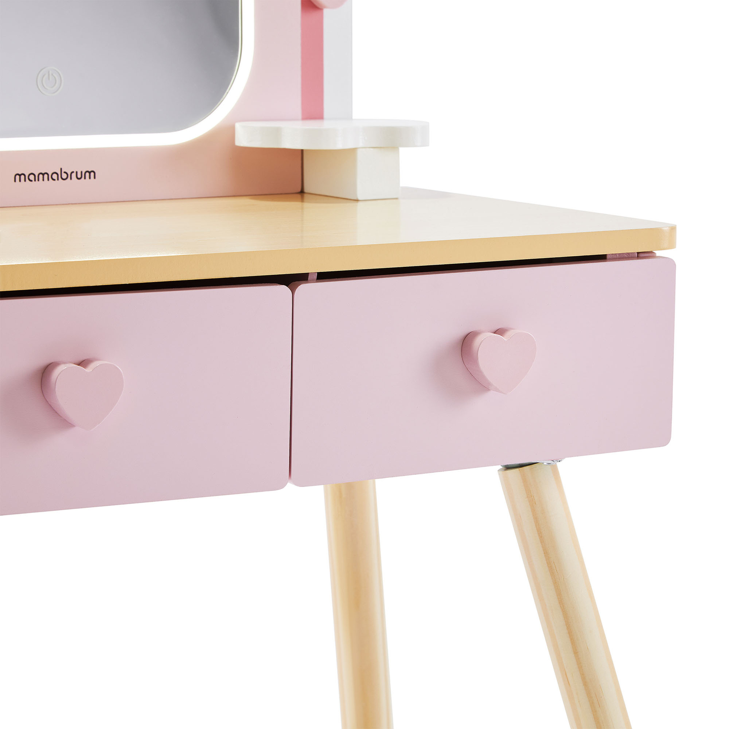 Coiffeuse en bois pour enfants avec éclairage LED à luminosité réglable, chaise et accessoires inclus.