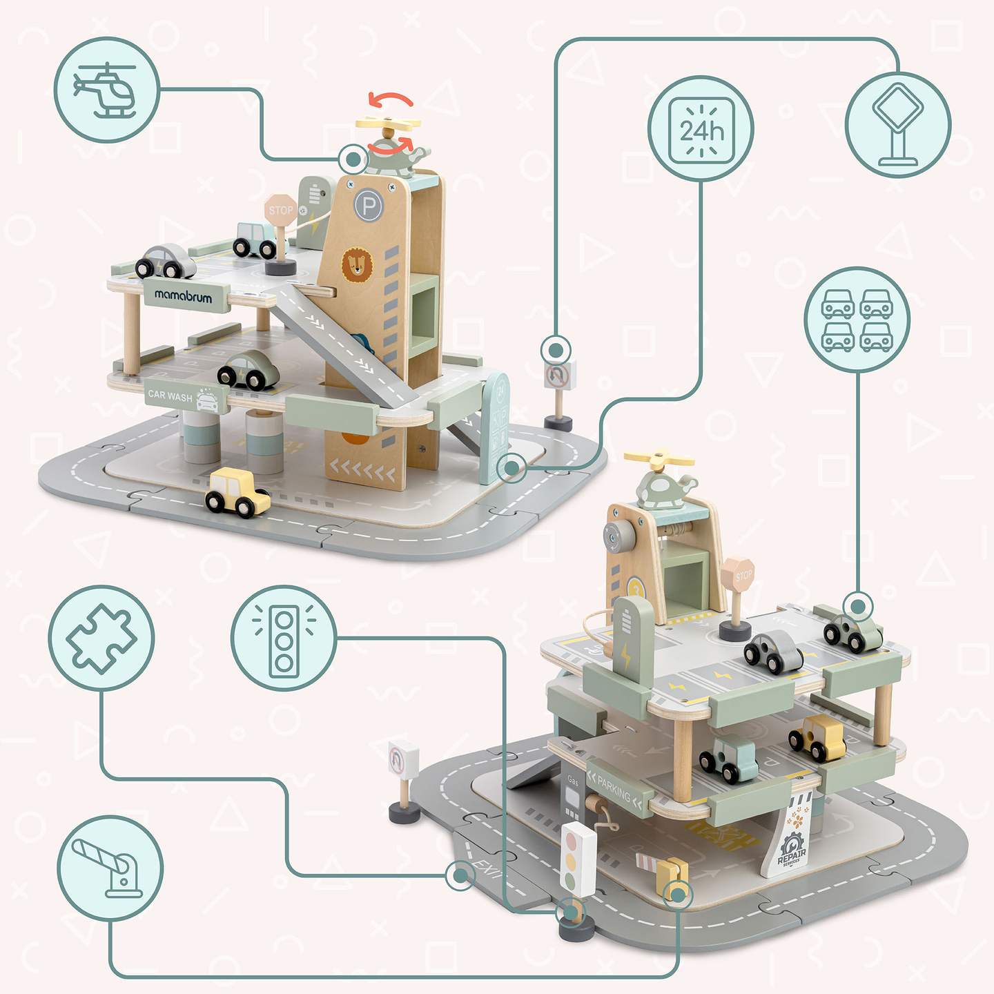 Garage en bois à trois étages pour enfants avec accessoires – parking, station-service, lave-auto, hélicoptère