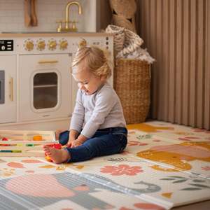 Tapis pliant double face en mousse 180 x 120 x 1cm - Eléphants exotiques/Gris délicat