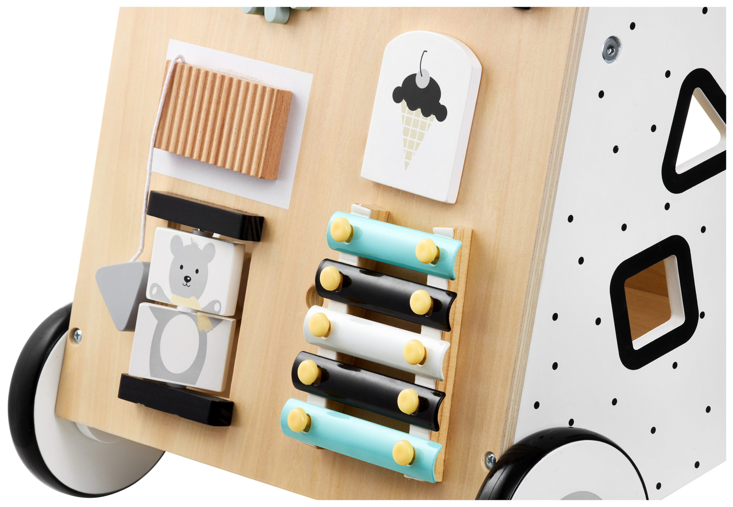 Trotteur / poussette en bois, éducatif - planche de manipulation