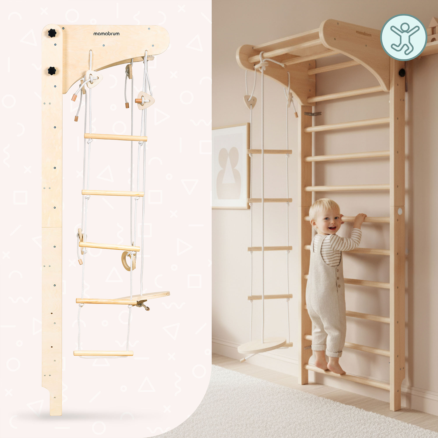 Échelle de gymnastique en bois pour enfants avec accessoires - une balançoire à assiettes, des anneaux de gymnastique et une échelle de corde