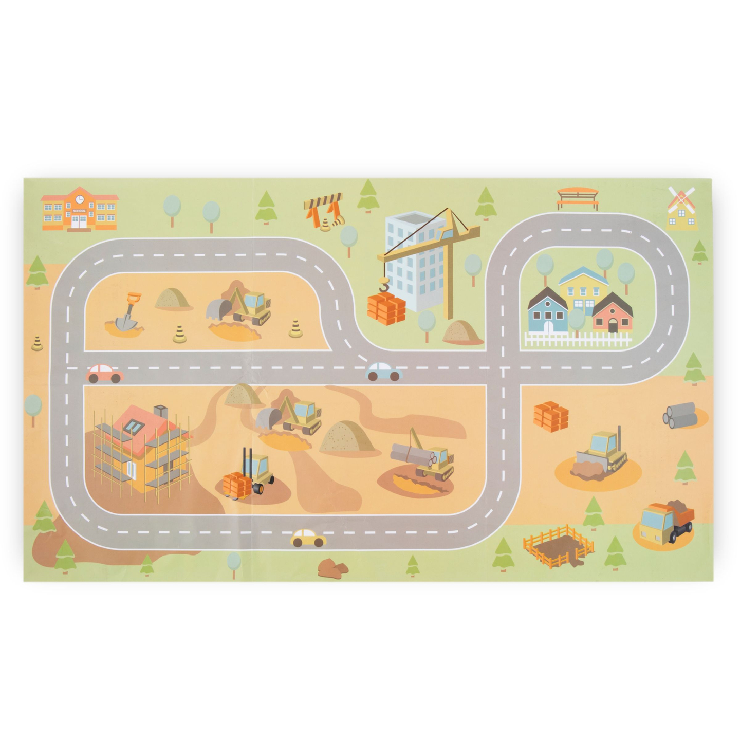 Chantier de construction en bois avec grande grue mobile et véhicules, grue à tour