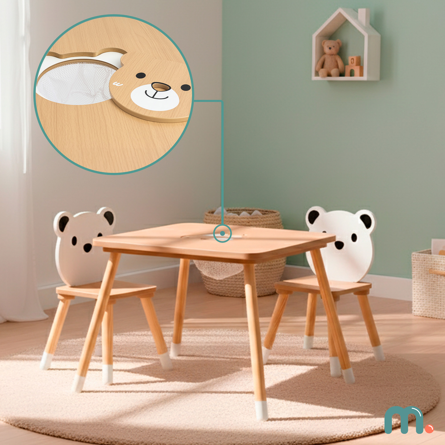 Table en bois avec rangement et 2 chaises Ensemble enfant - Ours en peluche mignon