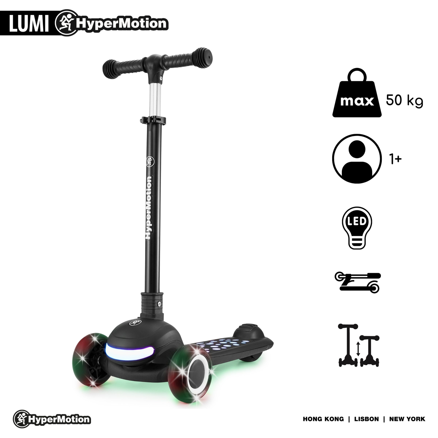 HyperMotion LUMI scooter d'équilibre 3-en-1 - plateforme éclairée et roues LED, couleur noire